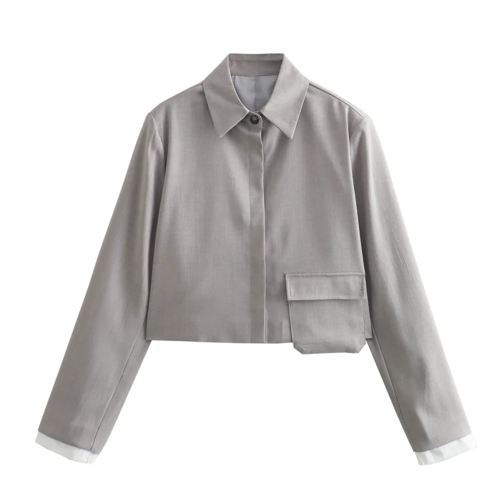 

PB&ZA 2024 summer women's European and American style simple temperament pocket design short shirt style jacket
