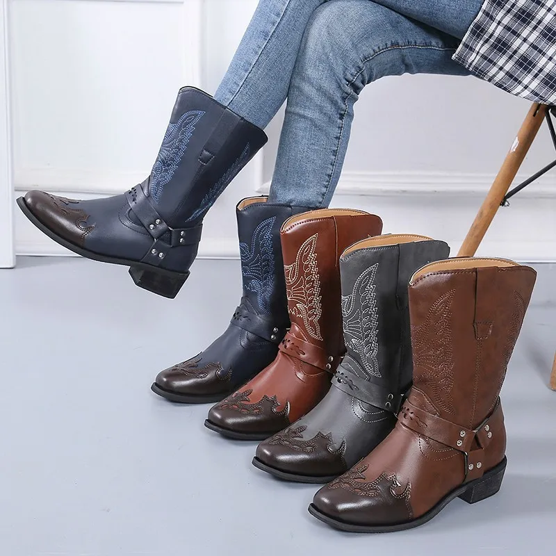 

Women Winter Embroidery Boots 2024 New Retro Ethnic Style Western Boots Metal Belt Buckle Square Heel Short Boots Botas Mujer