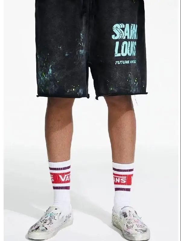 2024NOW Summer SAINT LOUIS Vintage Sketch Saint Louis Washed Shorts Men Women Knitted Drawstring Shorts