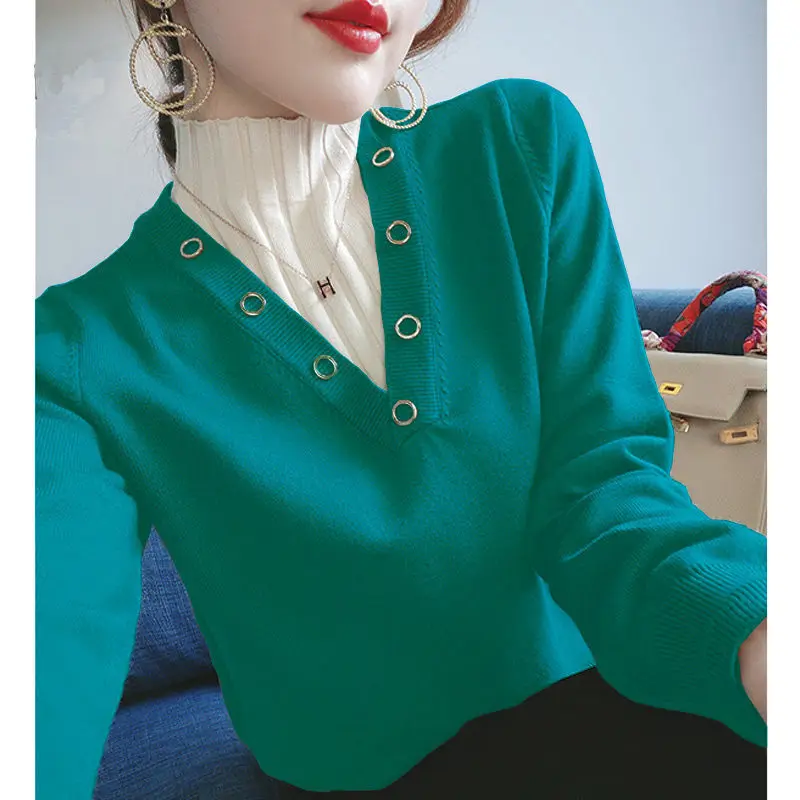 

Stylish Turtleneck Knitted Button Spliced Korean Sweater Women's Clothing 2022 Autumn New Casual Pullovers All-match Warm Tops