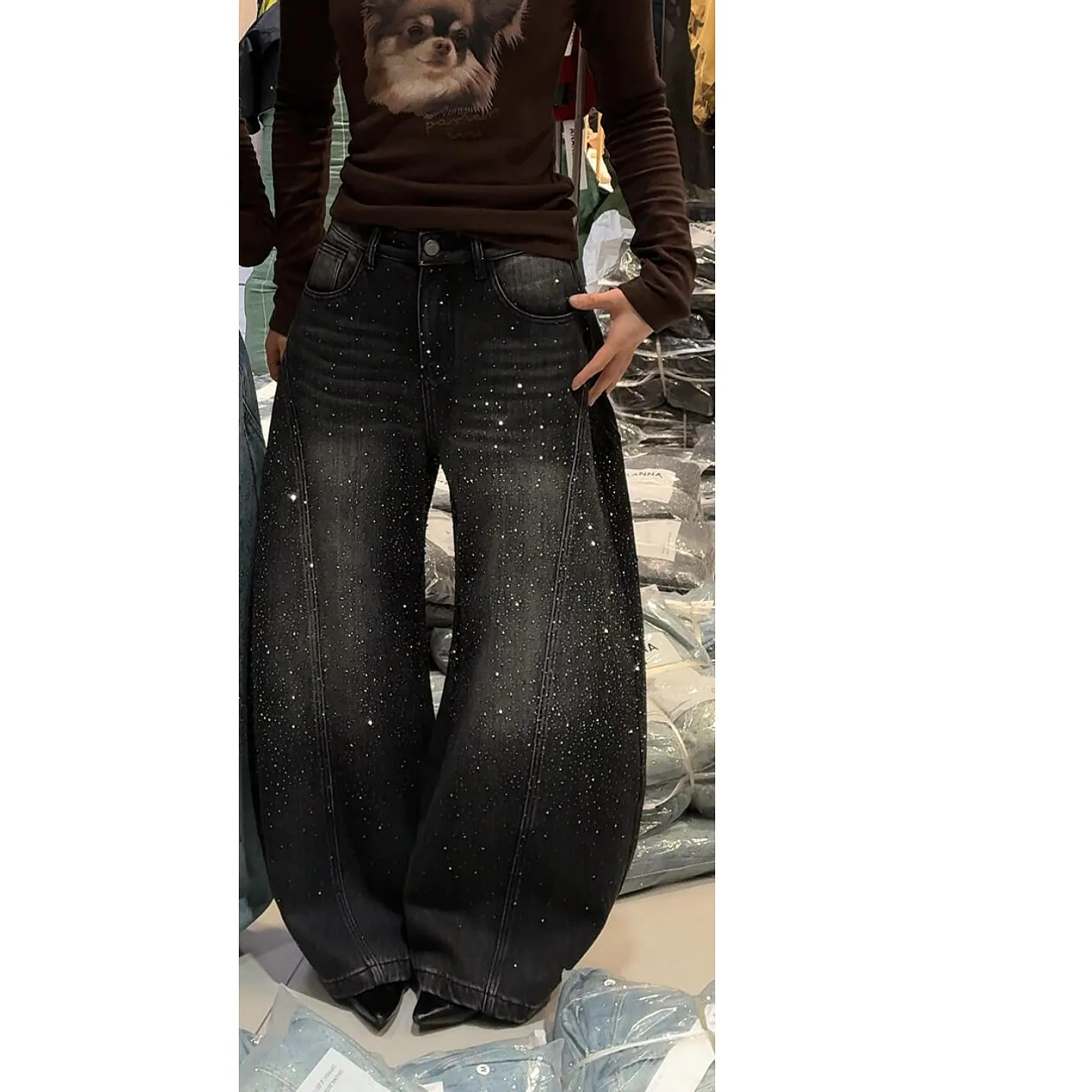 بنطلون جينز نسائي جديد بتصميم واسع الساق مزين بالأحجار اللامعة، جينز فضفاض بطول كامل