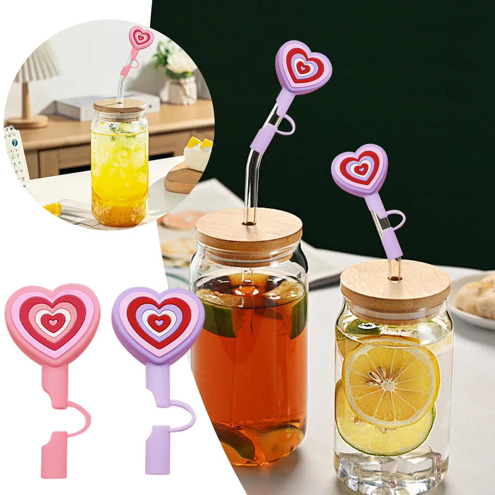 Umbrellas For Drinks For Kids Valentine'S Day Straw Heart Shaped Straw Cover Reusable Cover Disposable Ice Packs Kid