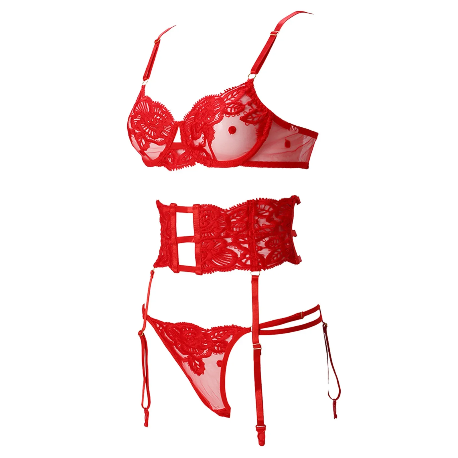 Red Lace Women Bras Thongs Underwear With Belt Garter Solid Color