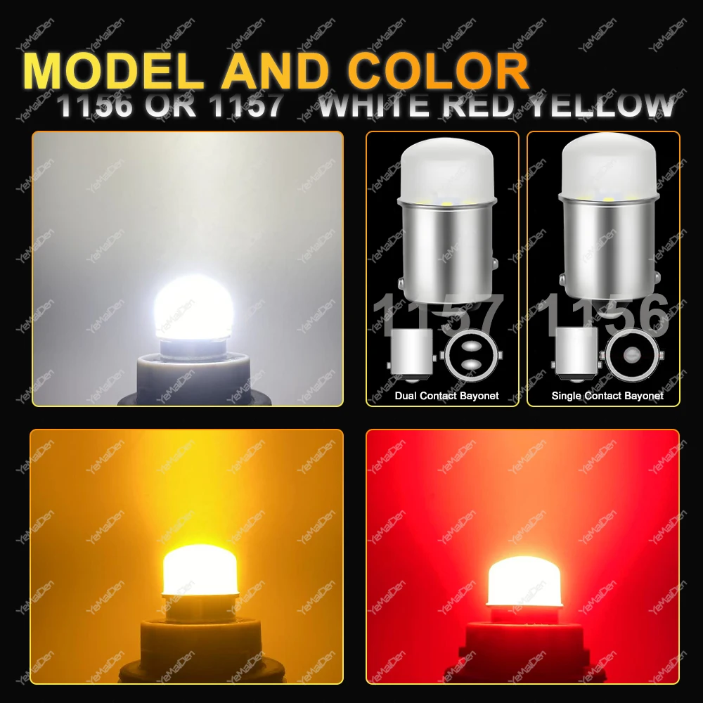LED Bulb for Turn Signal, Brake, and Reverse Lights - 800LM, 6500K, White/Red/Yellow (2-20 PCS)