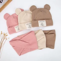 2Pcs/Lot Bear Ear Baby Girls Turban Hats Scarf Newboorn Faux Cashmere Label Stick Caps Beanies Autumn Winter Warm Infant Bonnets 1