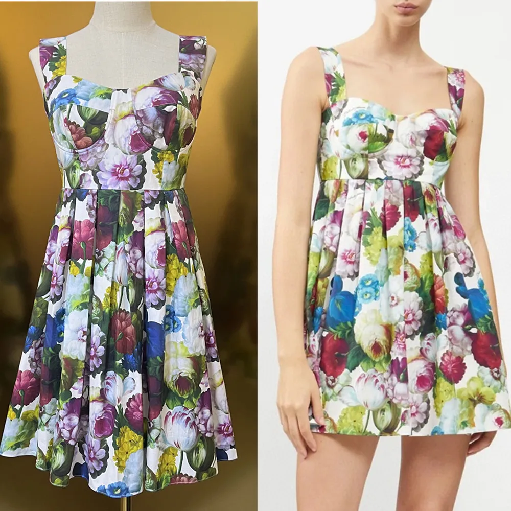 

Luxury Designer Inspired Summer Women's Spaghetti Straps Flora Print Cotton Bustier Fit-&-Flare Mini Dress HIGH QAULITY