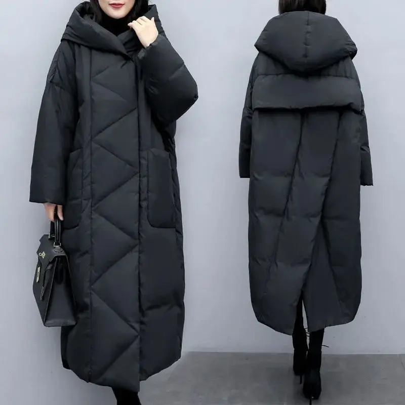 

2023Winter New High quality Over-Knee Down Cotton Padded Jacket Women Hooded Coat Female Slim Thicken Warm Solid Ladies Overcoat