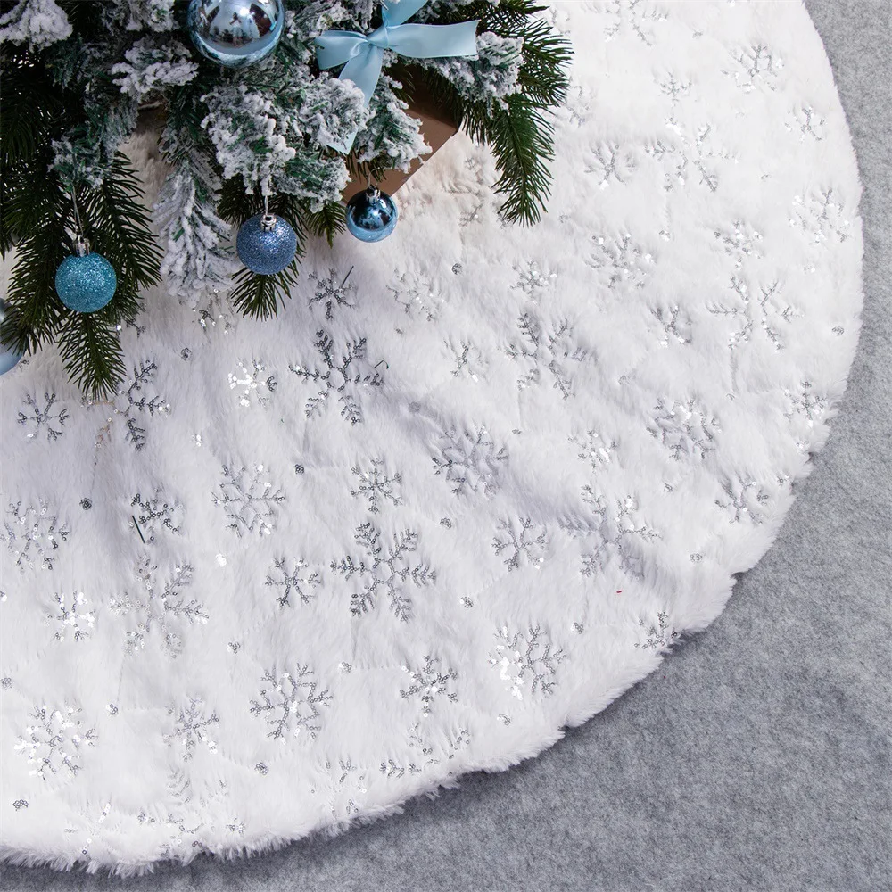 

Christmas White Plush Sequin Embroidered Snowflake Tree Skirt 120cm Sequin Christmas Tree Skirt Christmas Tree Bottom Decoration