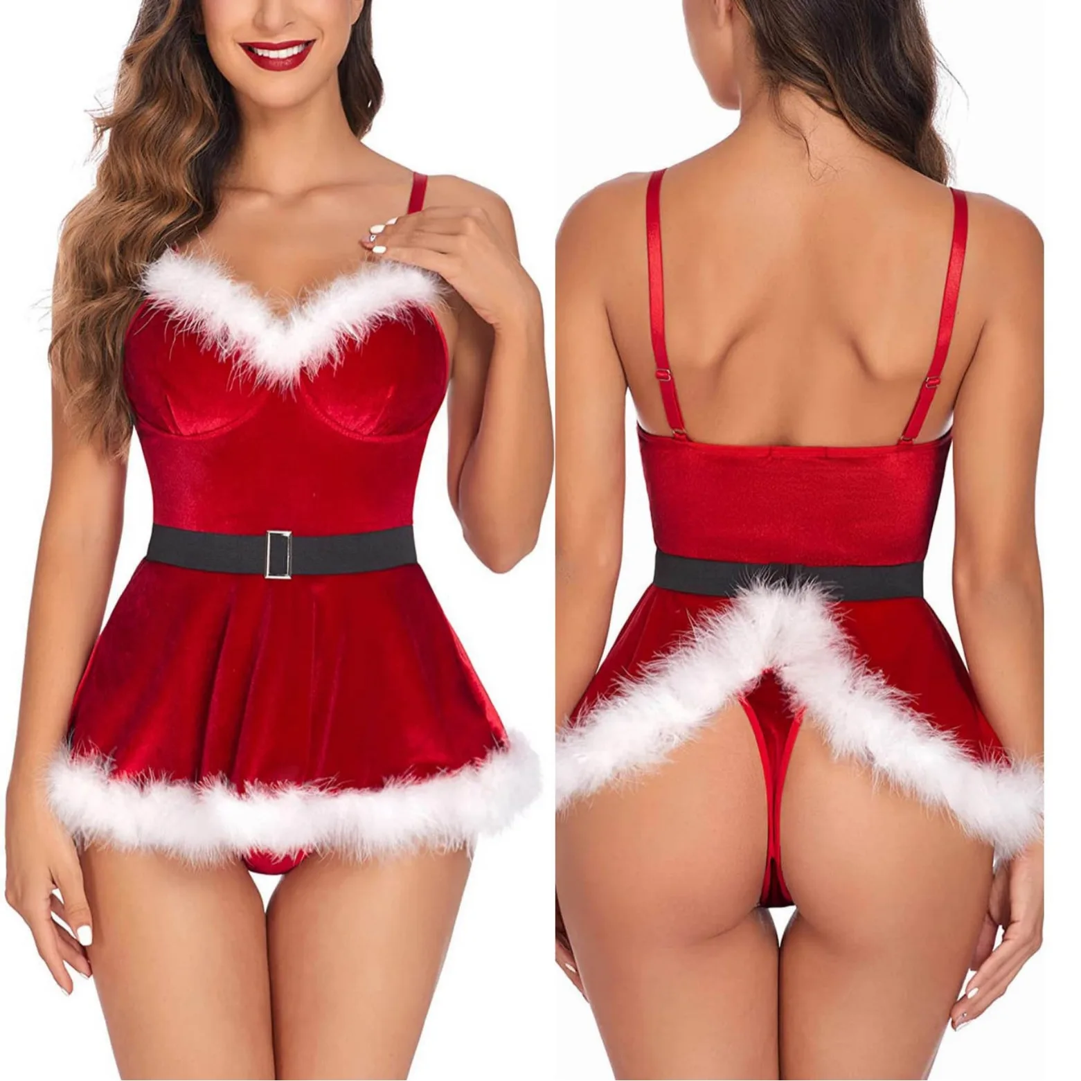 

Women Sexy Christmas Cosplay Santa Claus Costume Carnival Theme Party Clubwear Plush Feather Trim Velvet Dress Leotard with Belt