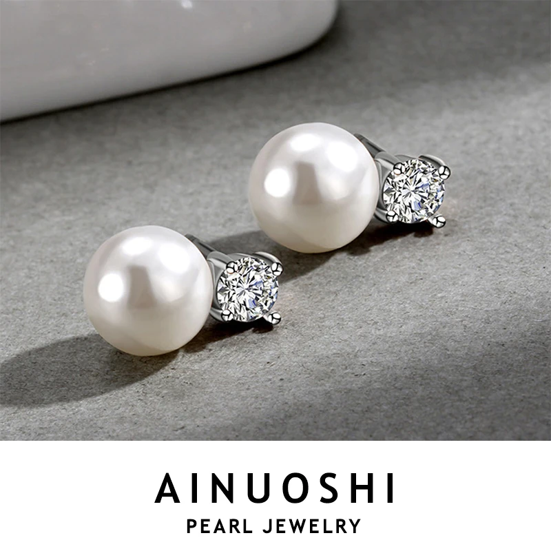 

AINUOSHI 925 Sterling Silver Piercing Earring Simple Exquisite Natural Freshwater 9mm White Pearl Stud Earrings For Women Jewel