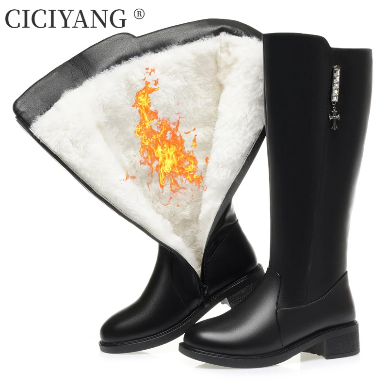

CICIYANG Women's Knee-high Boots Cowhide 2024 New Genuine Leather Women Winter Boots Large Size Wool Warm Female Knight Boots