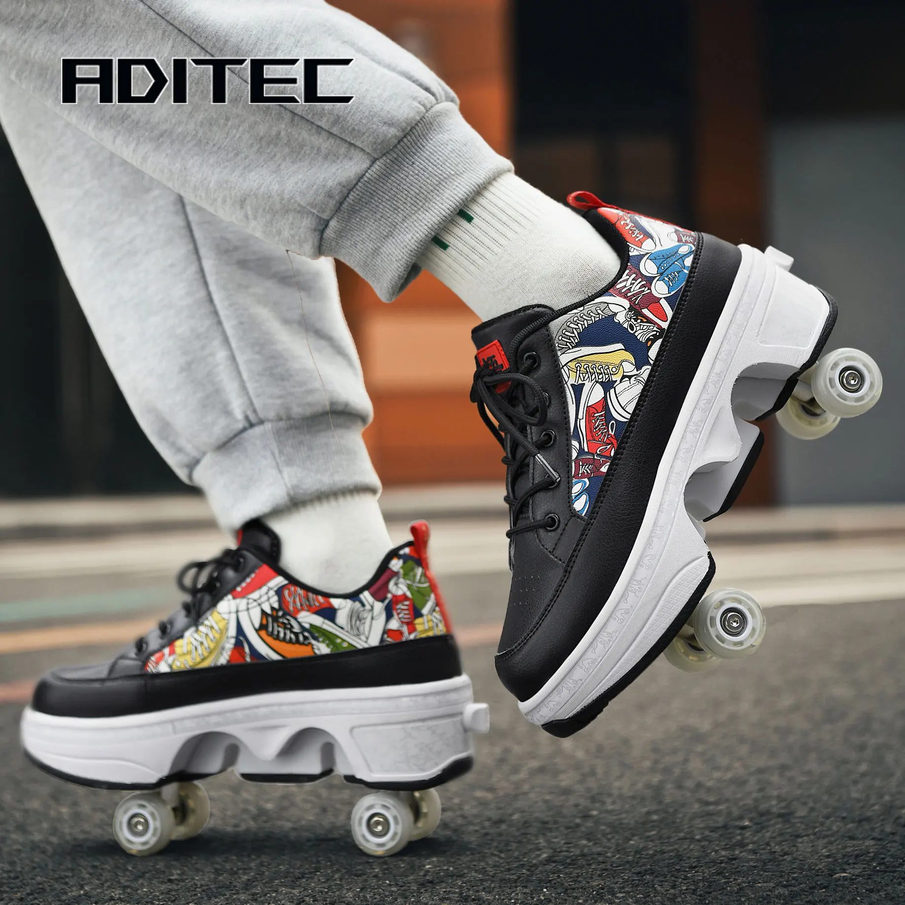 Deformation Roller Skates Shoes Double Row 4-Wheel Skates