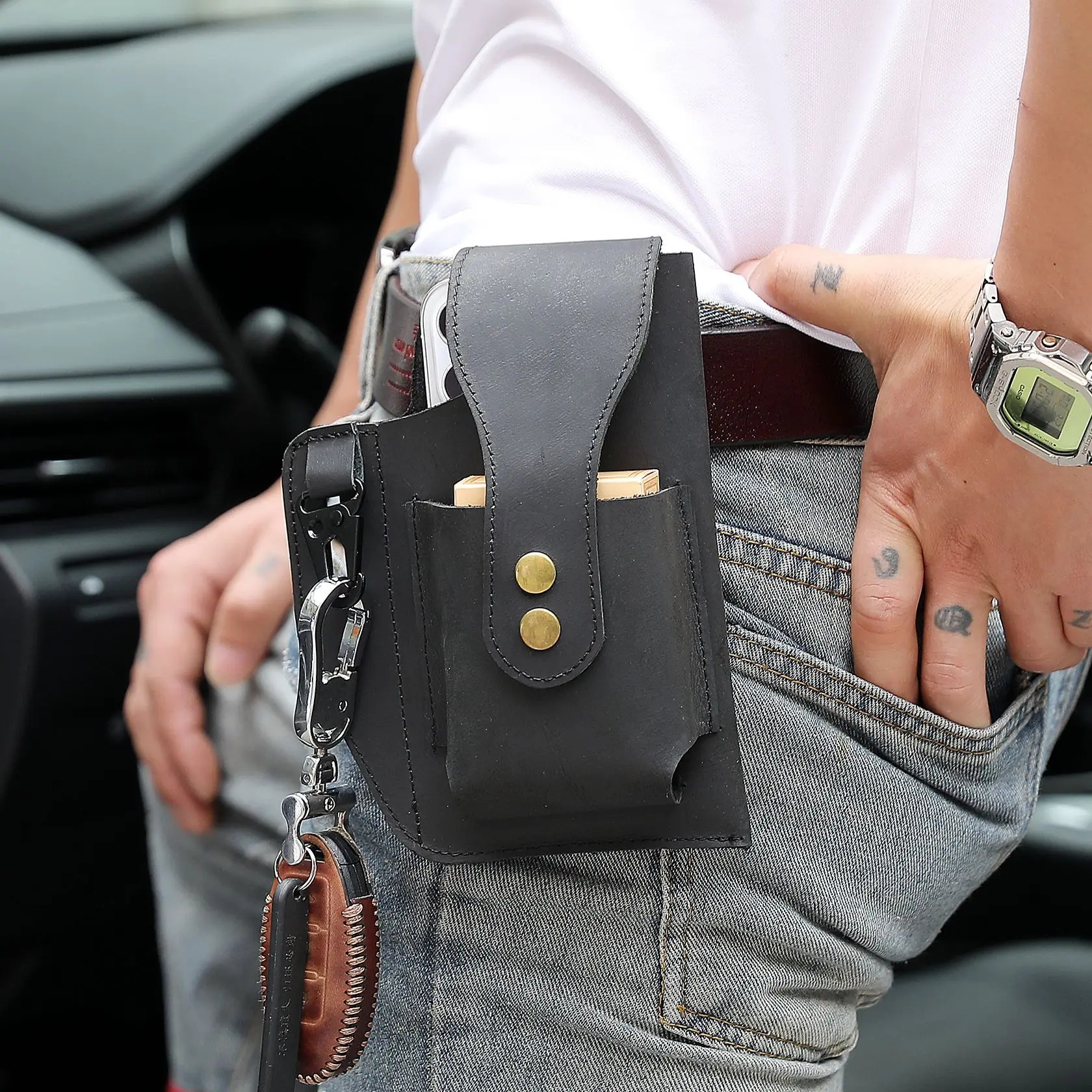 Fanny Waist Bag Genuine Leather Belt Bum Leg Hip Packs for Men 6-7.5inch Cell Phone Cigarette Lighter Box Case Outdoor Pouch