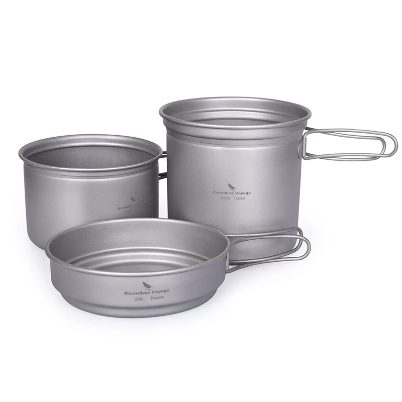 

Boundless Voyage Cooking Set Titanium Pot Pan Folding Handle Outdoor Travel Camping Picnic Tableware Titanium Soup Bowl