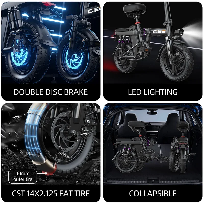 250W Motor 48V 15Ah Abnehmbarer Akku Faltbares Elektrofahrrad 14*2,125 Zoll Reifen Elektrofahrrad für Erwachsene Stadtpendler E-Bike – Detail 10