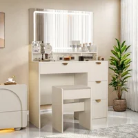 Комод для макияжа Comanlai в спальне, зеркало со светодиодной цветной подсветкой и табуреткой, ящиками для хранения и туалетным столиком с зарядкой через USB