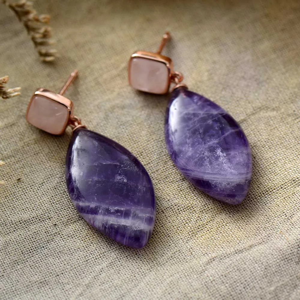 Elegant Women Amethyst Agate Rose Gold Plated Stud Crystal Healing Earrings Party Natural Stone Art Dec Jewelry Wholesale