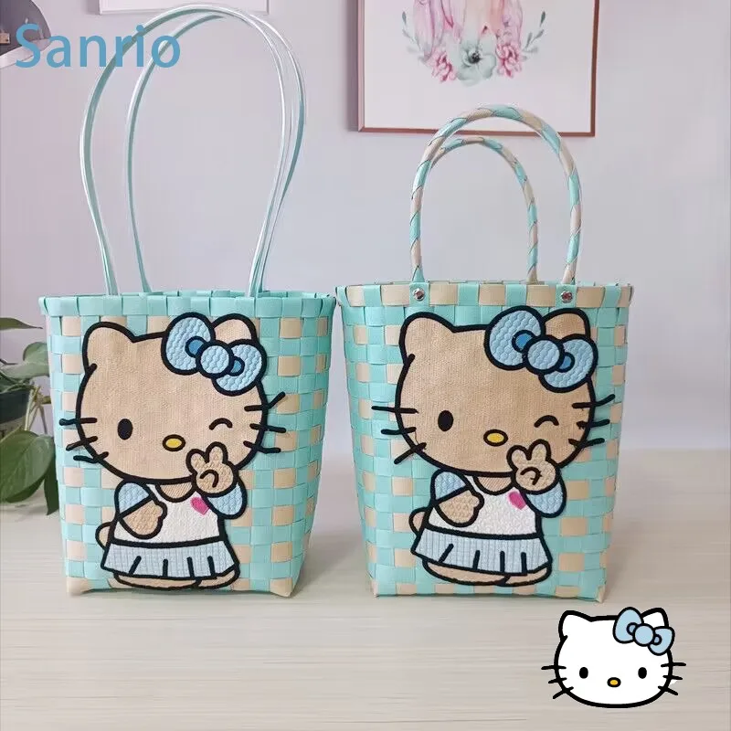

Kawaii Sanrio Hello Kitty Kuromi Weaving Bag Girls Cute Cartoon My Melody Children Embroidery Handbags Outdoor Leisure Handbag