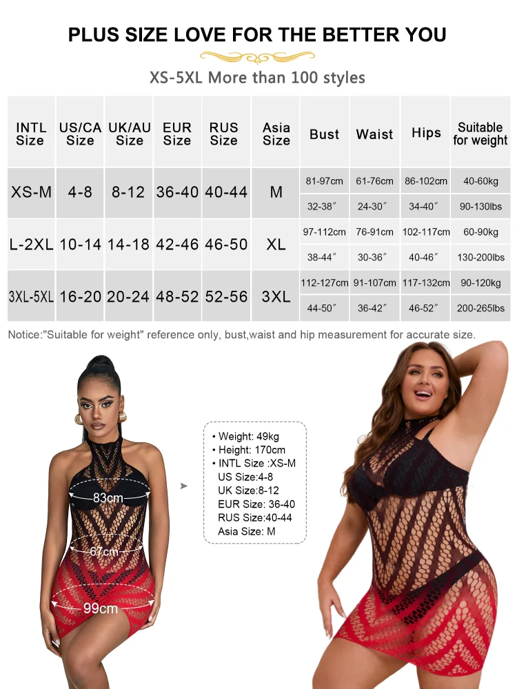 Comeondear Fishnet Dress Woman Plus Size Lingerie Mesh Nightgown High Stretchy Pajamas Black Red Gradient Mini Sexy Bodystocking