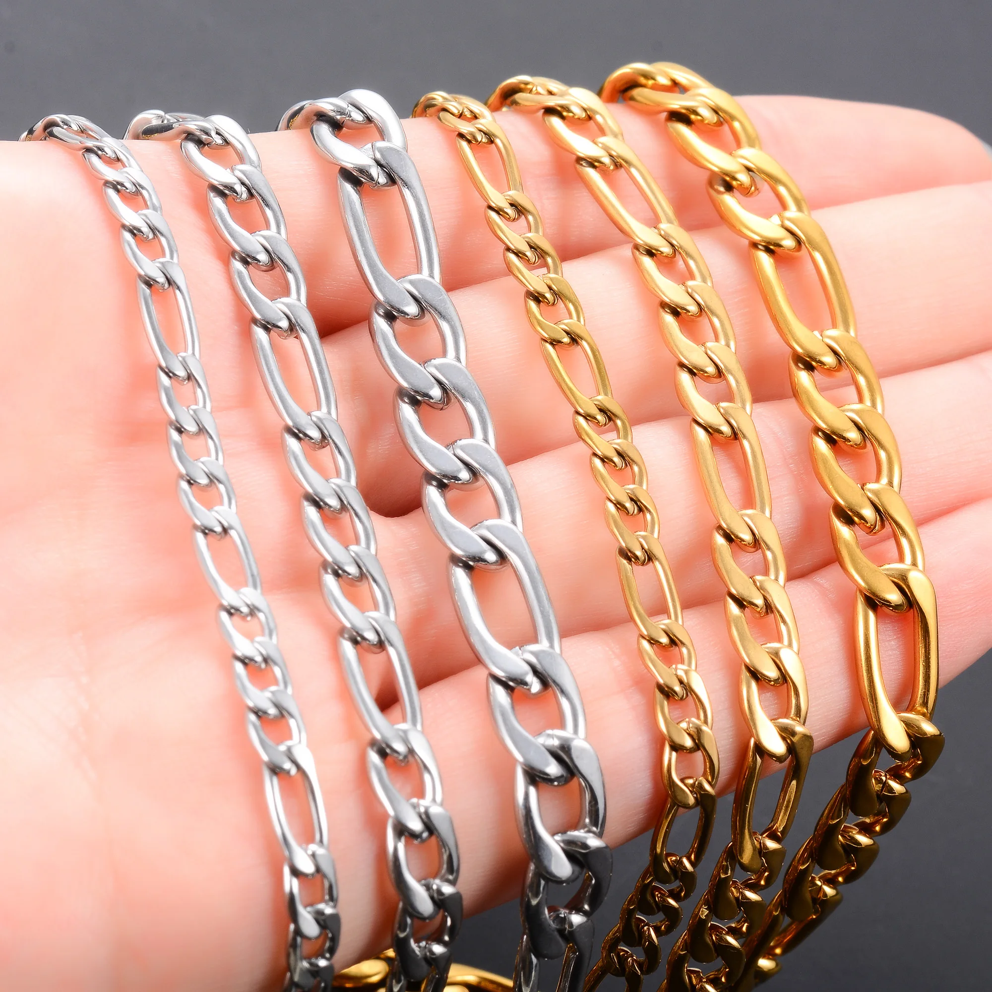 Basic Stainless Steel Link Figaro Chain Long Necklace for Men Women Gold/Silver Color Choker Metal Jewelry Accessories DIY Gift Stainless Steel Necklace Metal Necklace Choker Necklace