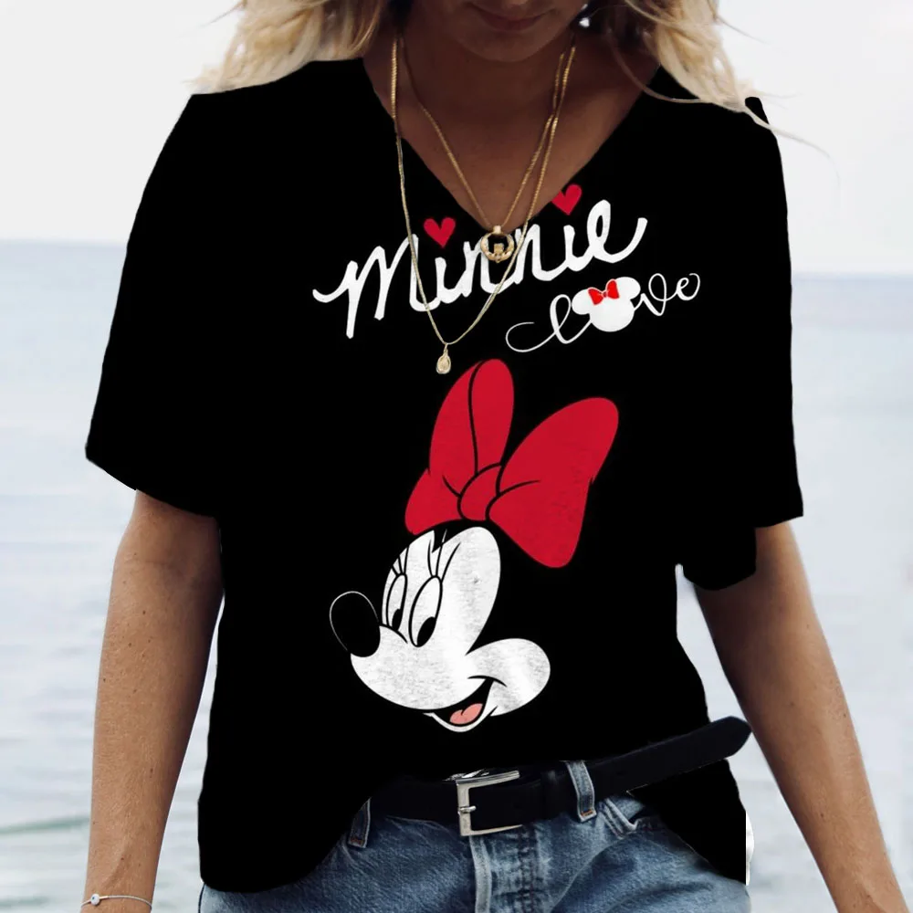 thumbnail image 1 of Camiseta con estampado de Mickey Mouse de Disney para mujer, ropa de verano para niña, camisetas para mujer, sudadera Harajuku, blusa con cuello en V, camisetas de manga corta, 1 of 5