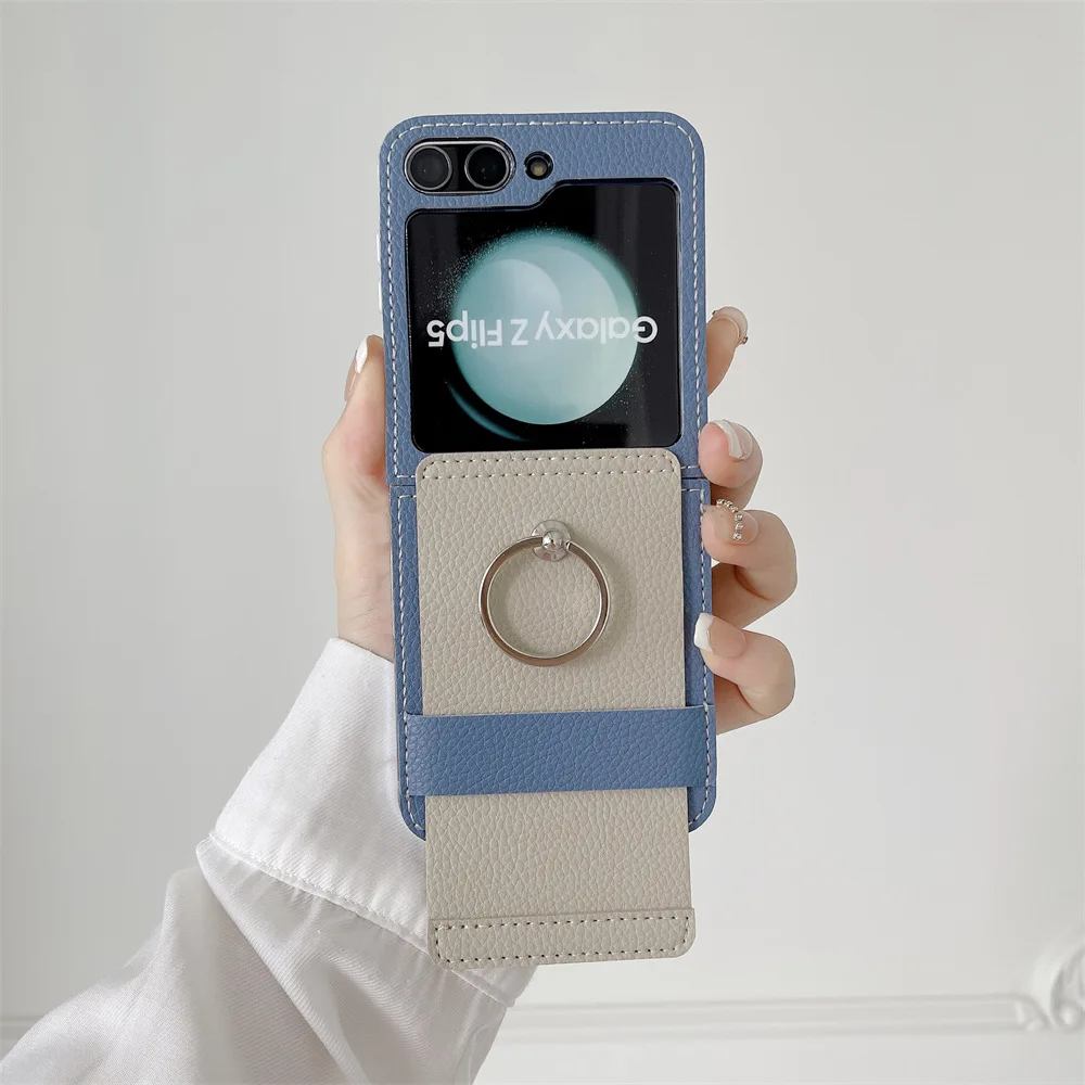 

For Samsung Galaxy Z Flip 5 Case Luxury PU Leather Ring Holder Electroplate Cover for Galaxy Z Flip5