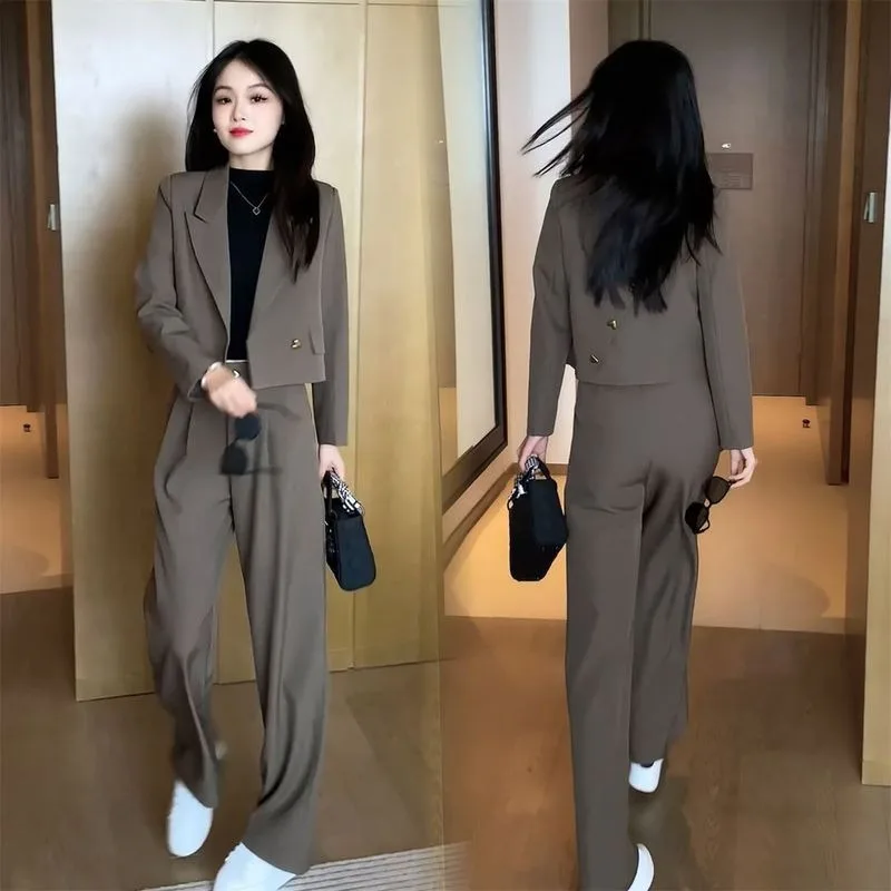 

Женский офисный костюм-двойка Insozkdg, комплект из двух предметов, короткий Блейзер с длинным рукавом и длинные брюки с широкими штанинами и высокой талией