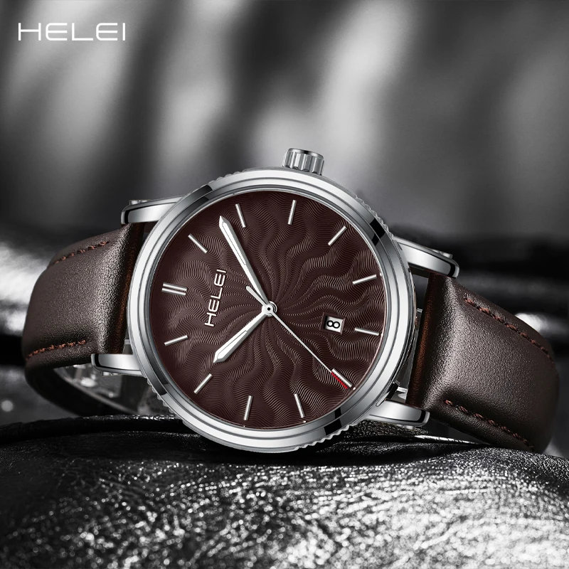 HELEI men's watches bar dial fashion quartz watches calendar display leather men's watches waterproof luminous watches