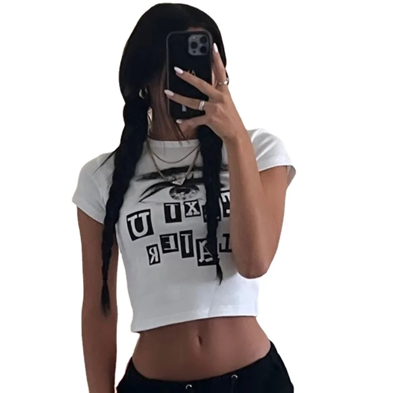 

Women Letter Print Short Sleeve Streets Cropped T-shirt