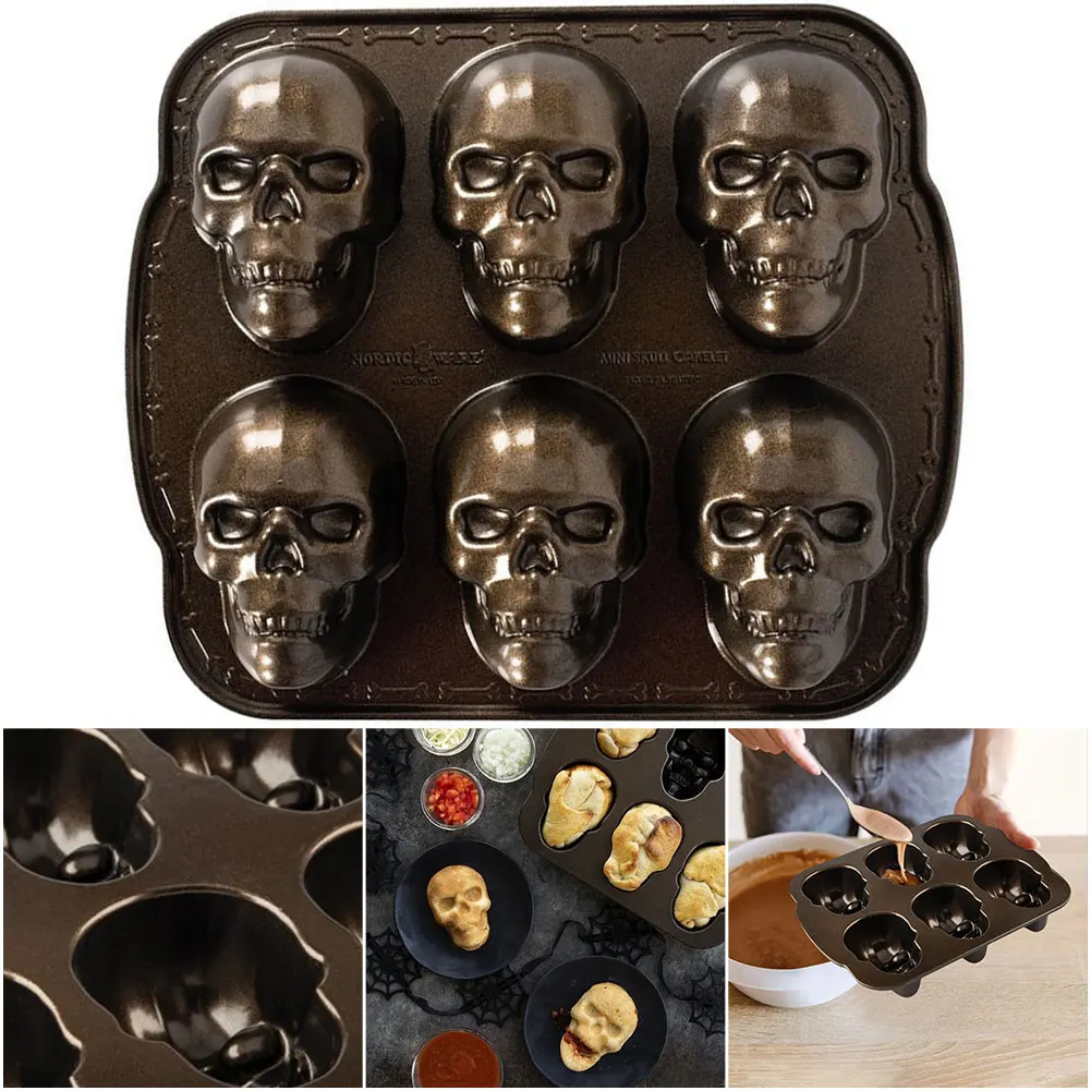 Halloween Skull Cake Pan Molds 6 Cavity 3D Skull Mold Non-Stick Skeleton Chocolate Molds Stainless Steel for Home Kitchen