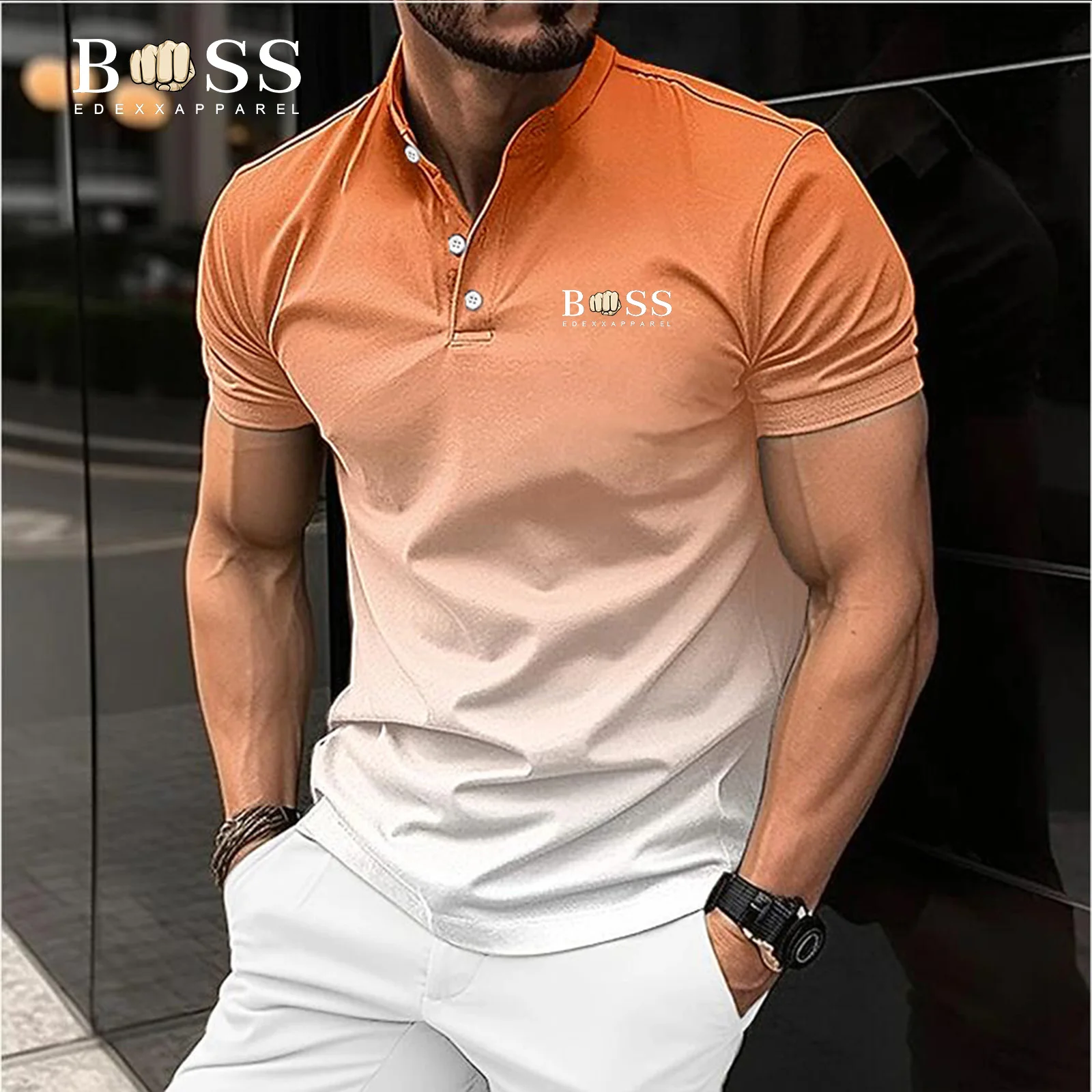 

New solid color gradient polo shirt, short sleeved, stand up collar, casual, fashionable, breathable, skin friendly summer men's