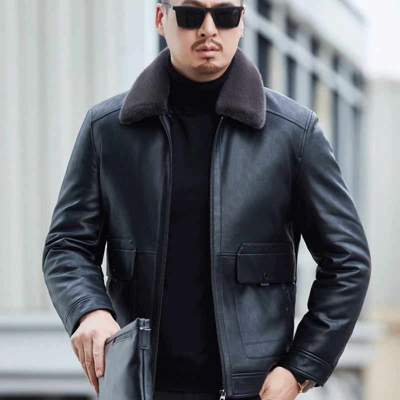 

YXL-6626 Winter New Men's Genuine Leather Down Coat Genuine Leather Coat Lamb Fleece Collar Thickened Warm White Duck Down Coat