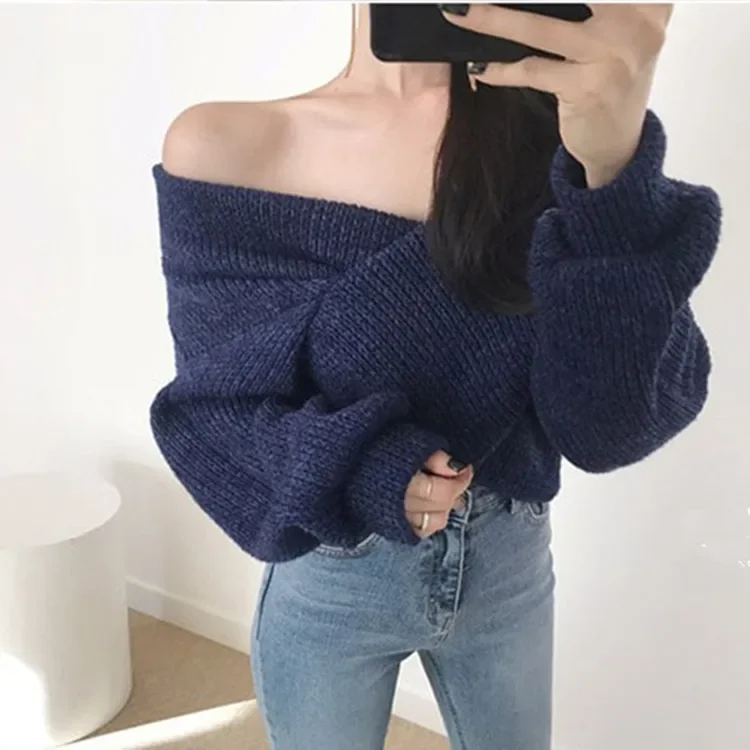 New Sexy Blouse Loose Sweater Women Autumn and Winter Long-sleeved V-neck Solid Color Ladies Sweater Pullover Sweater Women