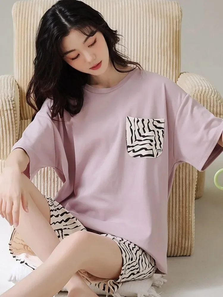 Pajamas Female Summer Models New Cotton Short-sleeved Shorts Set Summer Zebra Print Loose Can Be Worn Outside Homewear Sleepwear