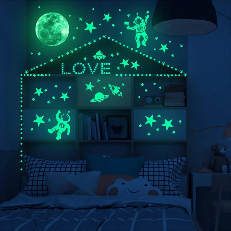 Luminous Wall Stickers-Astronaut Luminous Wall Stickers Stars and Moon Self-adhesive Wallpaper for Children's Bedroom