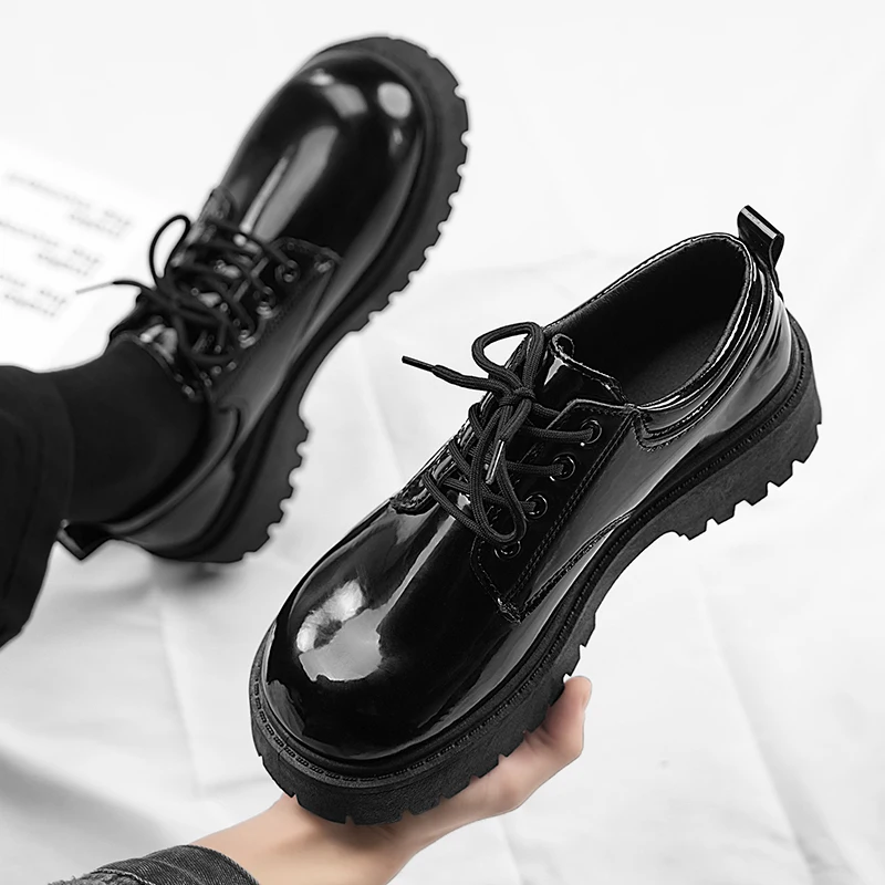 Men Patent Leather Shoes Round Toe Casual Platform Business Shoes Fashion Wedding Banquet Party Formal Dress STRONGSHEN
