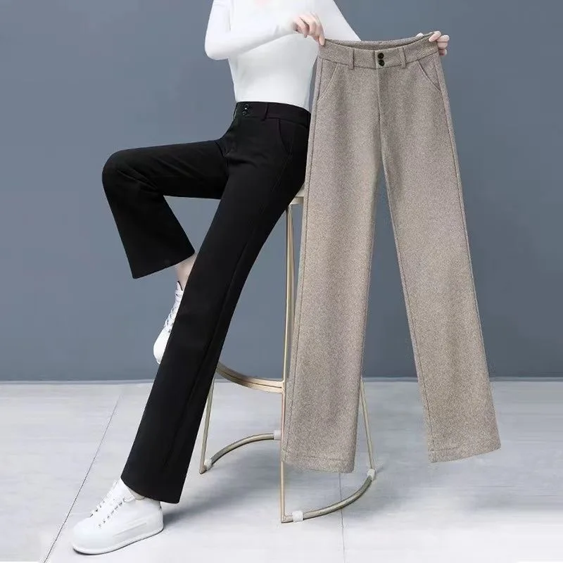 

Khaki Woolen Wide Leg Pants Women Autumn Winter New Plush Thickened Straight Trousers Elastic High Waist Slim Casual Pants