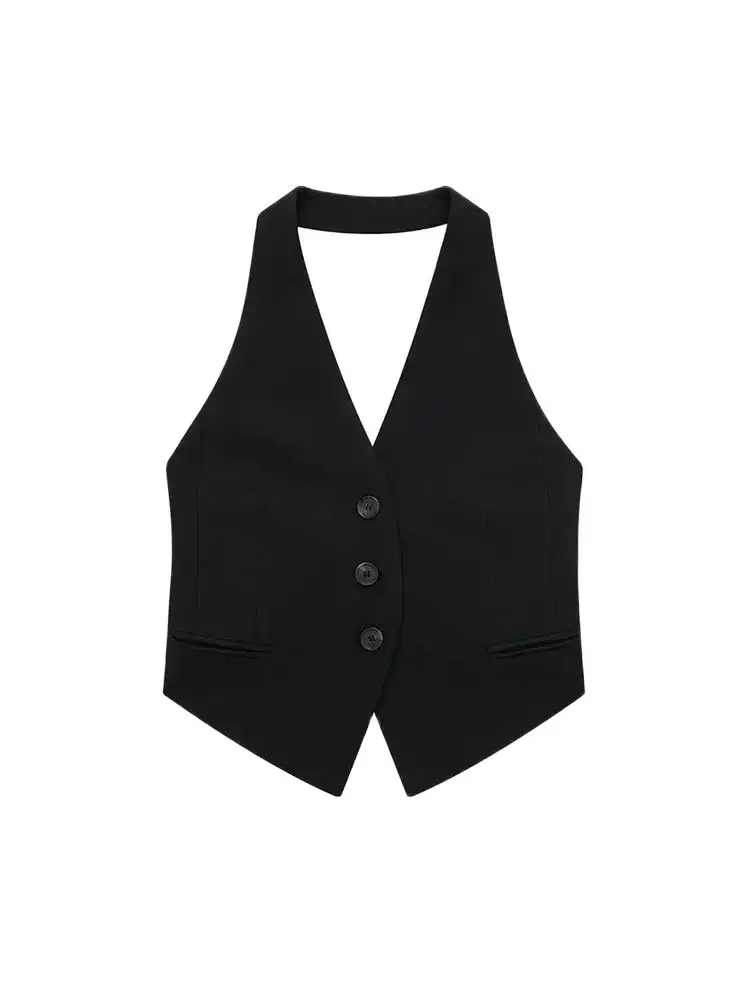 Fur Vest Women Vest TRZA Women Fashion Backless Halter Neck Waistcoat Sexy Sleeveless Button-up Female Outerwear Chic Vest Tops