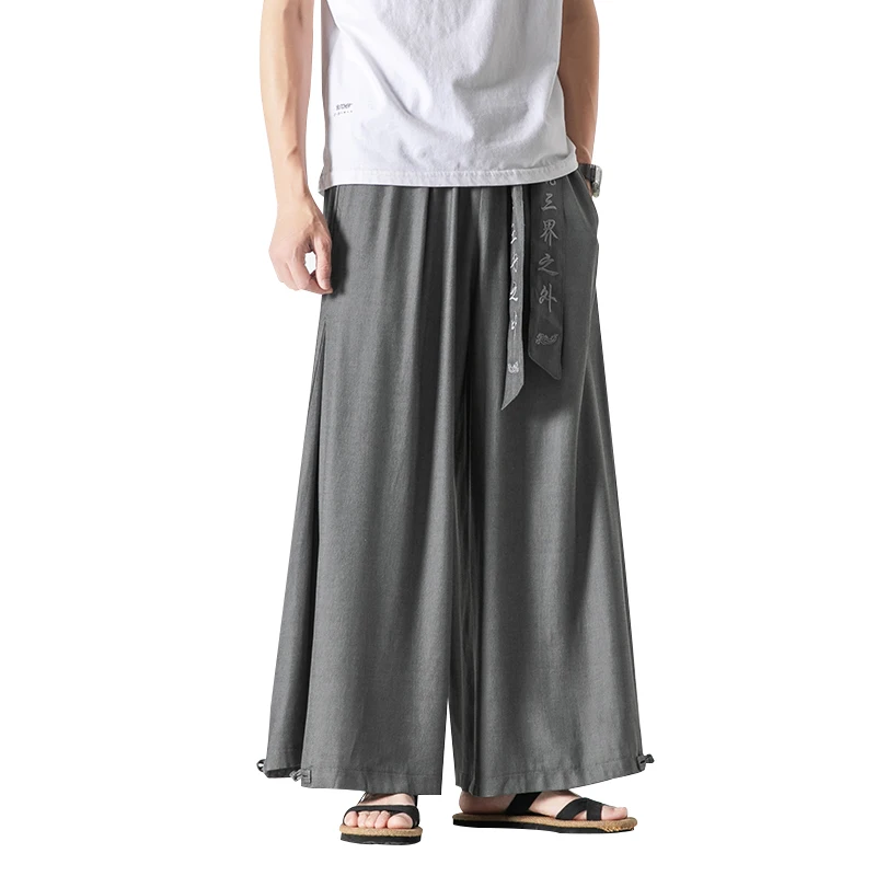 5XL Light Blue Chinese Style Wide Leg Trousers Streetwear Loose Cotton And Linen Hakama Black Wide Pants For Mens Japanese Zen