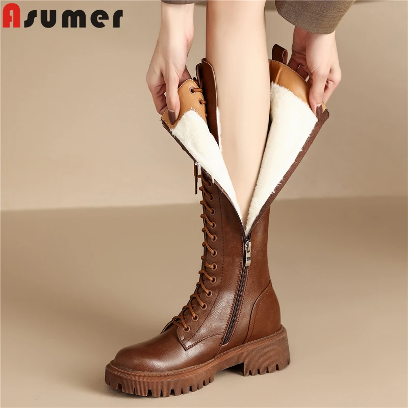 

ASUMER 2023 Size 34-43 New Full Cow Leather Knee High Boots Thick Fur Warm Winter Boots Fashion Lace Up Motorcycle Boots Women