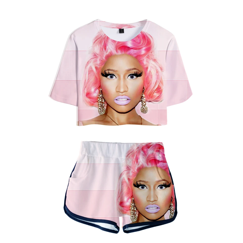 

Модные Молодежные сексуальные шорты с коротким рукавом и 3D принтом Nicki Minaj + Красивые футболки, костюмы для девушек с росиным пупком, комплект из двух предметов