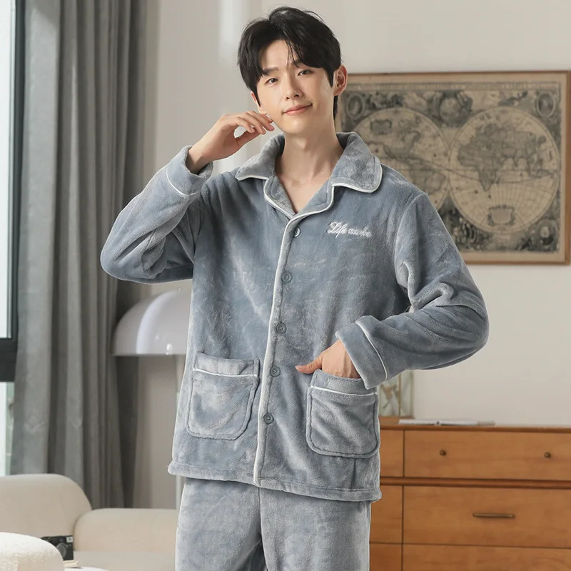 Fashion Design Pajamas Set Men Autumn Winter Flannel Thermal Lapel Coral Fleece Loungewear Suit Male Comfortable Warm Homewear cotton pajamas set