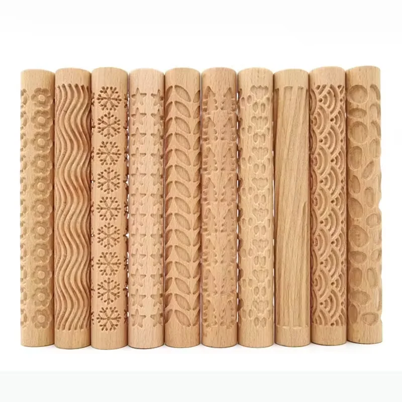 Clay Modeling Pattern Rollers, Wooden Texture Rollers for Clay Pottery Handmade Clay Roller Set Snowflakes Stars Wood Wave