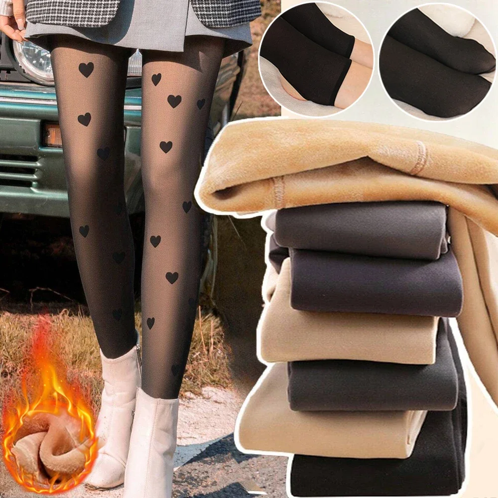 

Winter Warm Heart Print Tights Pantyhose Women Fleece Socks High Waist Thermal Stocking Pants Fake Translucent Leggings Tights