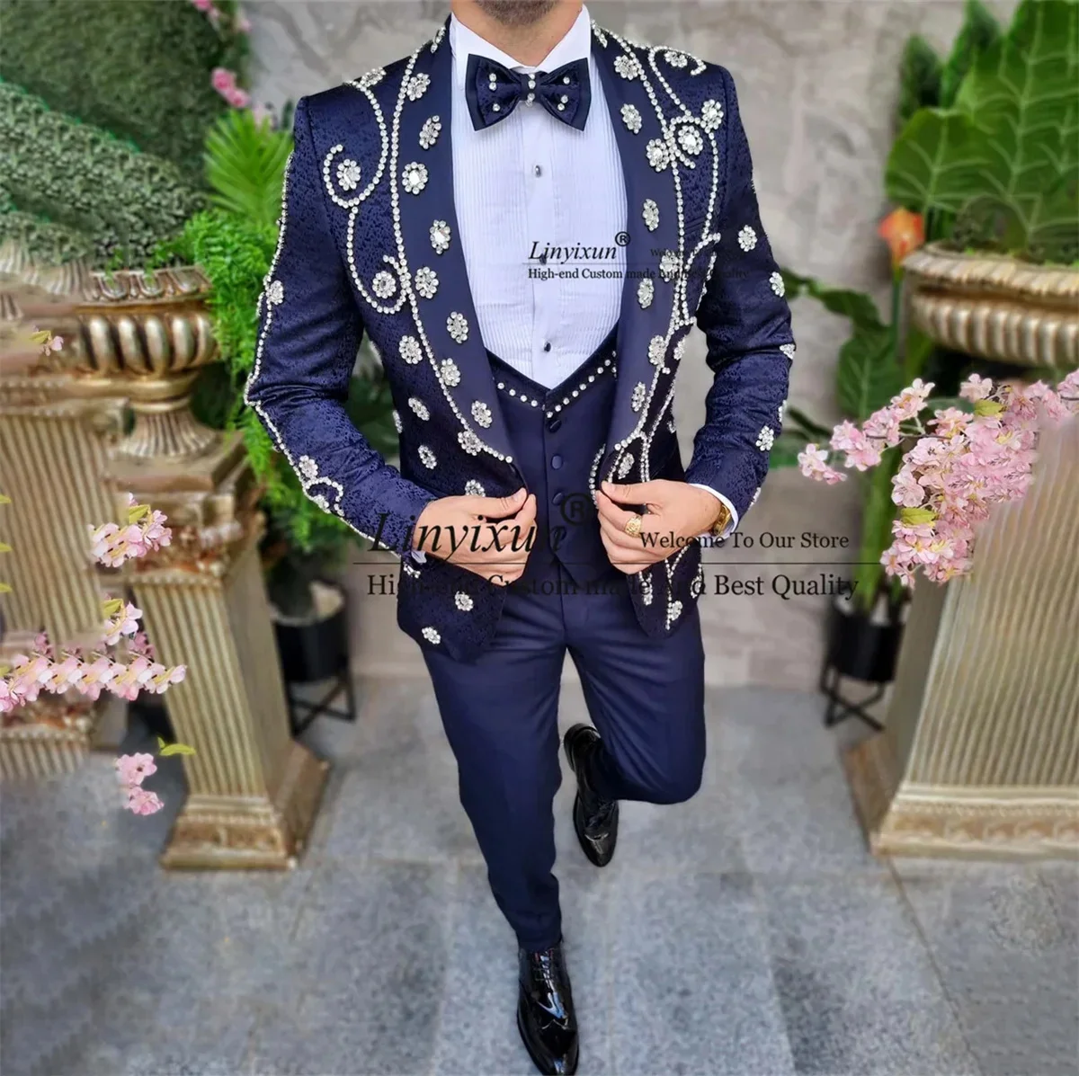 Men Blazers Sets 2 Pieces Elegant Luxury Formal Wedding 3 Suits Full Business Korean Pants Blue Coats Jackets