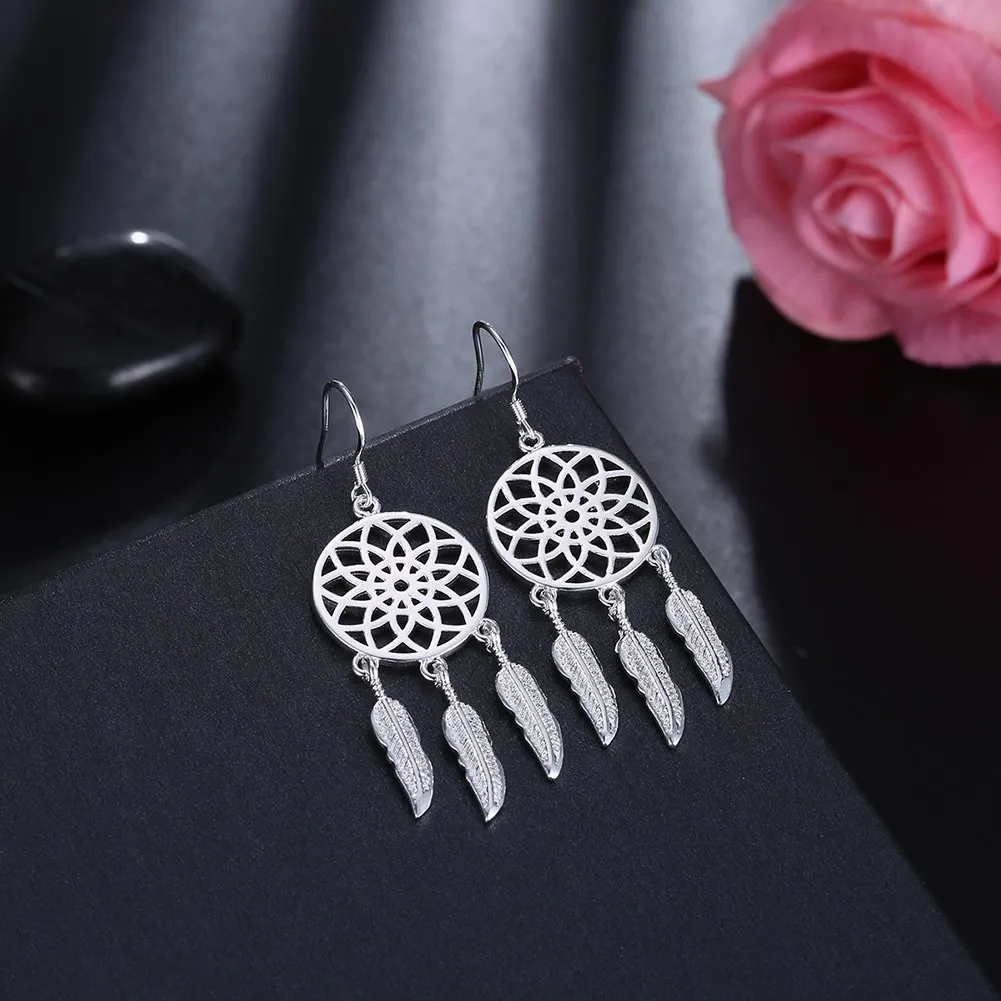 Hot Fine 925 Sterling Silver Dream catcher feathers earrings charms for women fashion party wedding Jewelry gifts