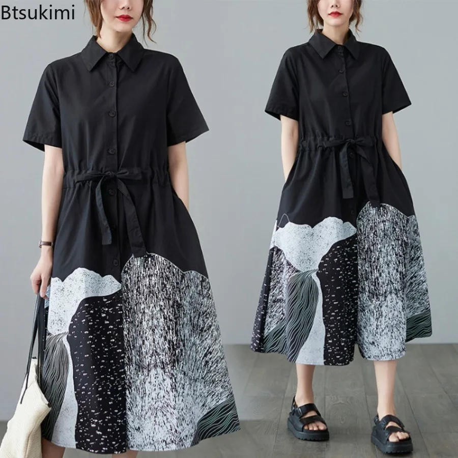 

2024 Fashion Patchwork Shirt Dress Women Short Sleeve Lace-up Oversized Pattern Print Causal Long Dress Retro Blouse Skirt Femme