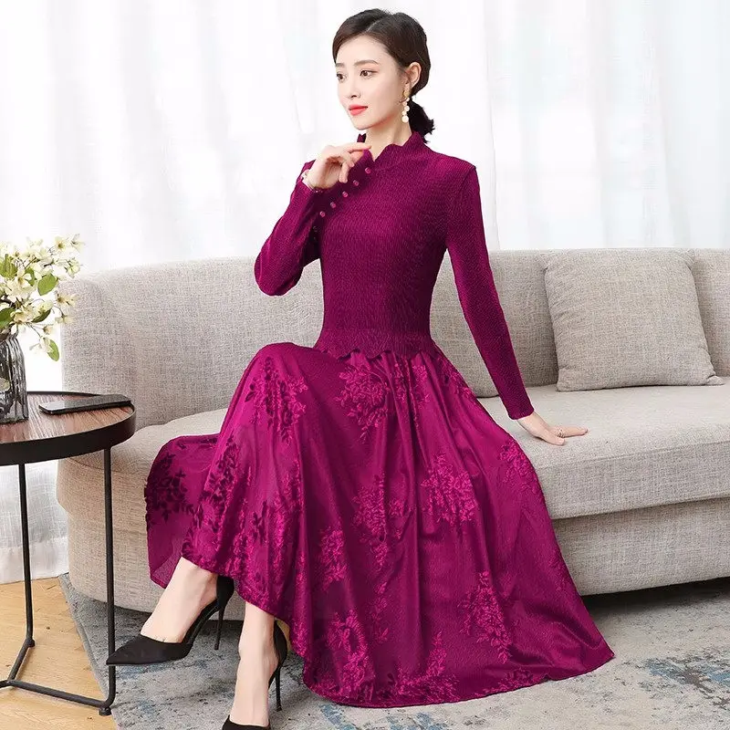 

Spring And Autumn Velvet Dress Women 2023 Long Chinese Style Stand Collar Fashion Slim Elegant Spliced Dress For Office Z579
