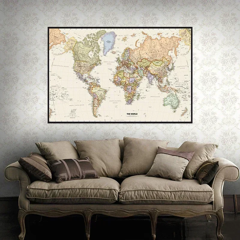 Retro World Map 150x100cm Detailed Map Non-woven Canvas Large Poster Print Wall Hanging Art Painting Living Room Home Decoration
