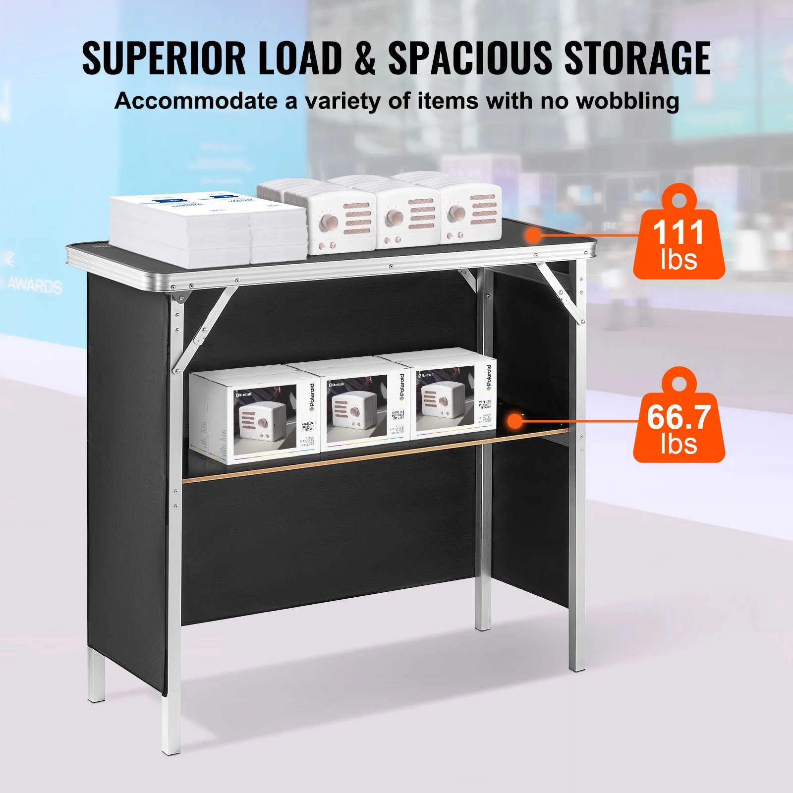 VEVOR Folding Portable Bar Table Tradeshow Podium Table for Party Picnic Exhibition Includes Carrying Case Storage Shelf & Skirt 3